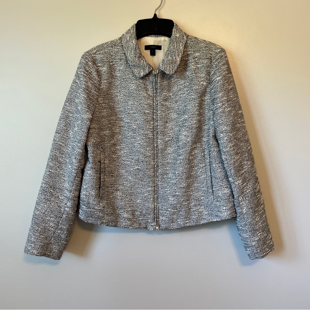 J. Crew Full Zip Tweed Long Sleeve Jacket Size 12 Off White & Black